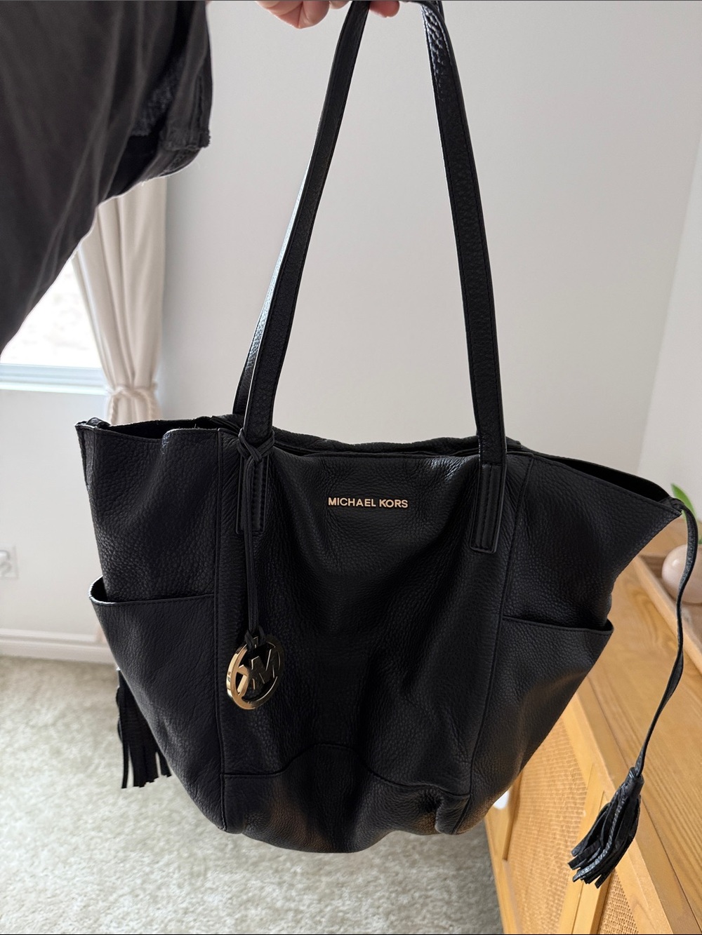 Michael Kors Black Pebbled Leather Tote with Gold Logo Charm